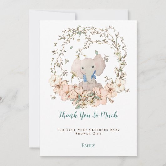 ヴィンテージかわいい象の葉の少年の赤ちゃんシャワー サンキューカード (正面)