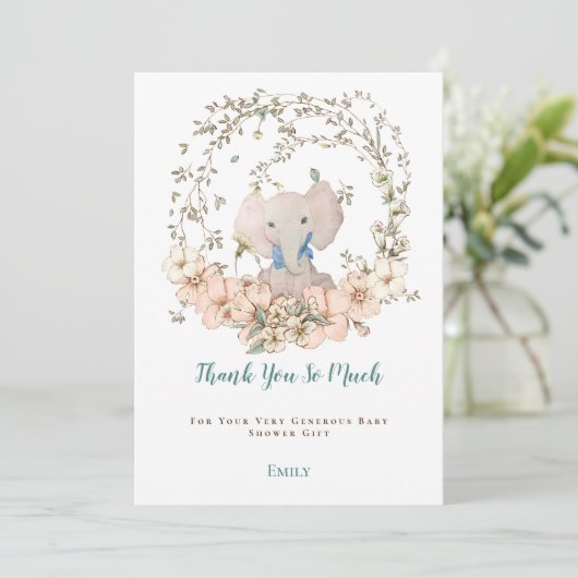 ヴィンテージかわいい象の葉の少年の赤ちゃんシャワー サンキューカード (スタンド正面)