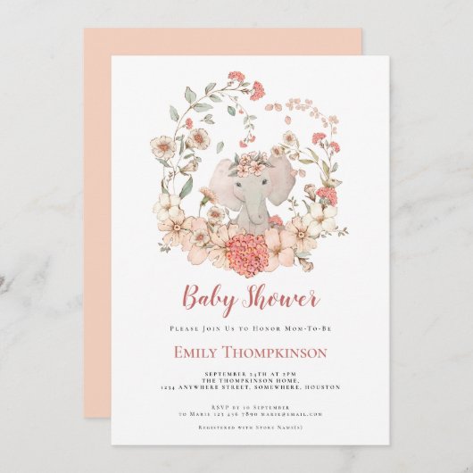 ヴィンテージかわいい象の葉ピーチ赤ちゃんシャワー 招待状 (正面/裏面)