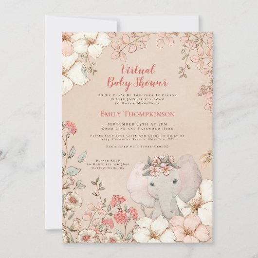 ヴィンテージかわいい象ピーチ仮想ベビーシャワー 招待状 (正面)