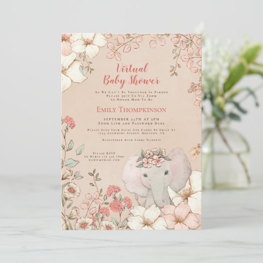 ヴィンテージかわいい象ピーチ仮想ベビーシャワー 招待状 (スタンド正面)