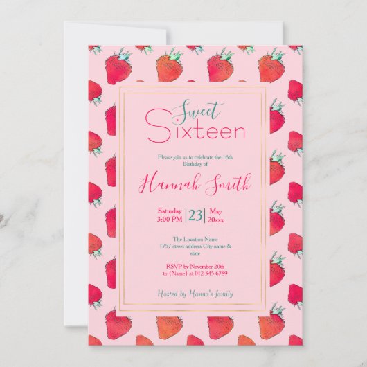 ヴィンテージかわいい赤いちごガーリーピンク 招待状 (正面)