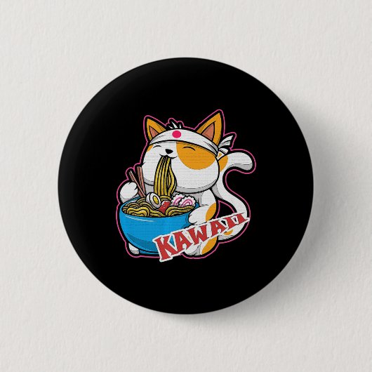 ヴィンテージかわいい食べ猫ラーメンのアニメretro japane 缶バッジ (正面)