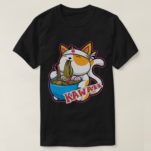 ヴィンテージかわいい食べ猫ラーメンのアニメretro japane tシャツ (デザイン正面)