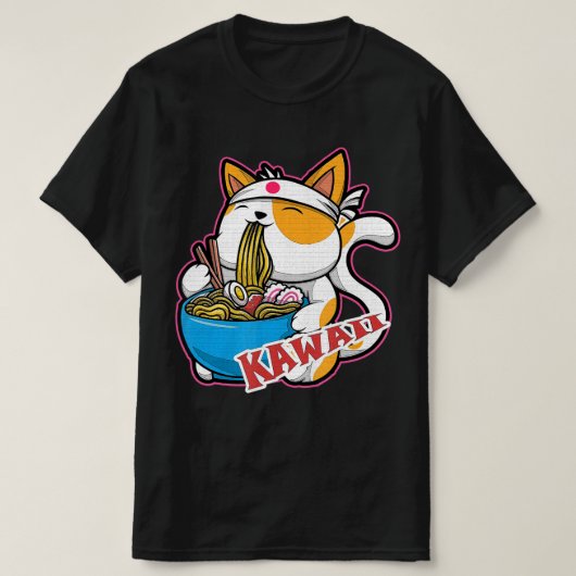 ヴィンテージかわいい食べ猫ラーメンのアニメretro japane tシャツ (デザイン正面)