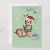 ヴィンテージかわいい鹿とサンタハットクリスマス シーズンカード (正面)