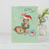 ヴィンテージかわいい鹿とサンタハットクリスマス シーズンカード (スタンド正面)