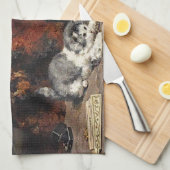 ヴィンテージかわいい黒猫と子猫 キッチンタオル (四つ折り)