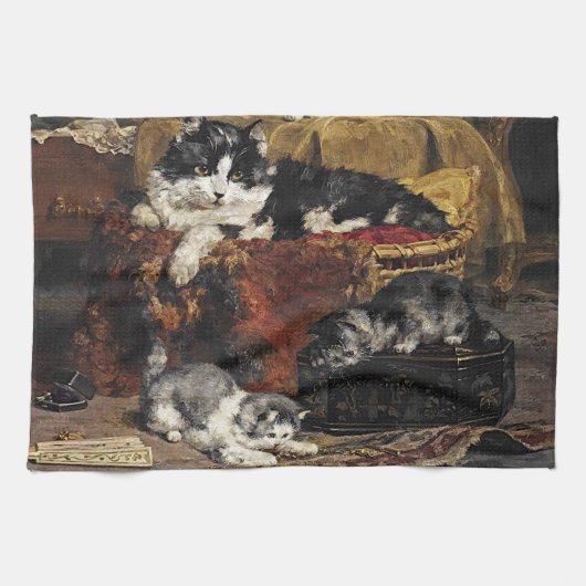 ヴィンテージかわいい黒猫と子猫 キッチンタオル (横)