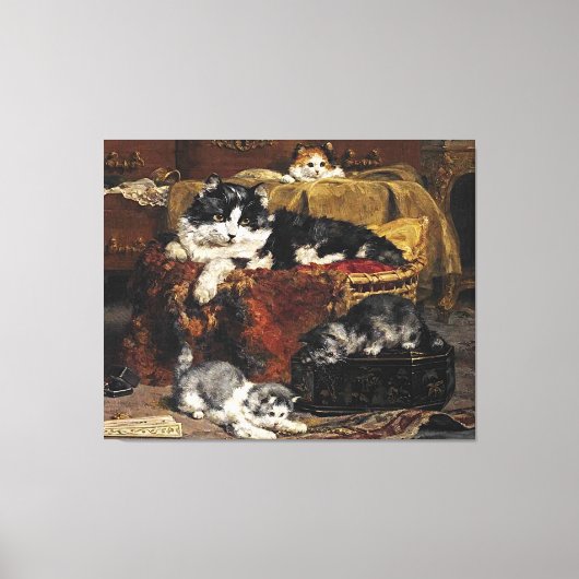 ヴィンテージかわいい黒猫と子猫 キャンバスプリント (正面)