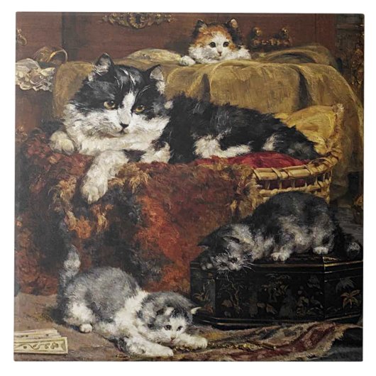 ヴィンテージかわいい黒猫と子猫 タイル (正面)