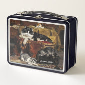 ヴィンテージかわいい黒猫と子猫 メタルランチボックス (正面)