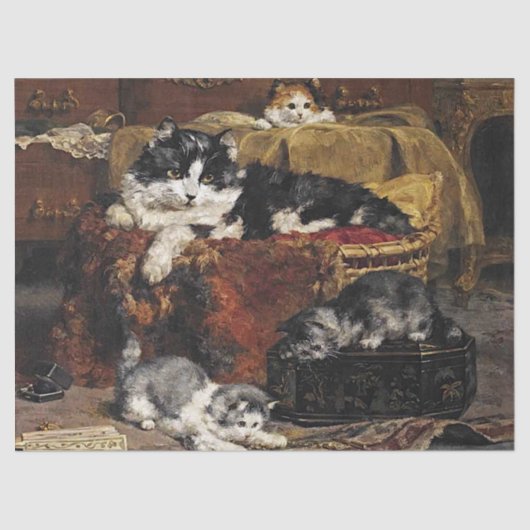 ヴィンテージかわいい黒猫と子猫 薄葉紙 (正面)