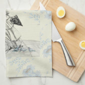 ヴィンテージかわいらしの女性と青い花 キッチンタオル (四つ折り)