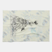 ヴィンテージかわいらしの女性と青い花 キッチンタオル (横)