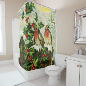 ヴィンテージかわいらしの雪のヒイラギと鳥 シャワーカーテン (インサイチュ)