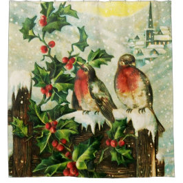 ヴィンテージかわいらしの雪のヒイラギと鳥 シャワーカーテン