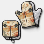 ヴィンテージかわいらしアールデコ 鍋つかみ&鍋敷きセット (正面/裏面)