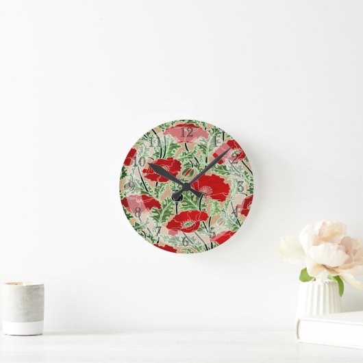 ヴィンテージかわいらしアールヌーボー赤ポピー ラウンド壁時計 (ホーム)