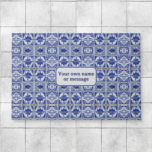 ヴィンテージかわいらしオランダブルー&ホワイトタイルウェルカム ドアマット