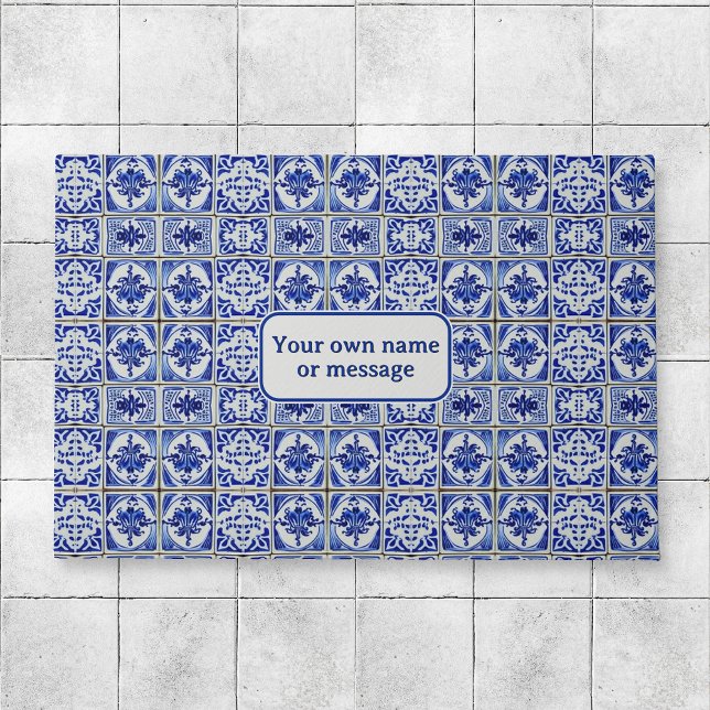 ヴィンテージかわいらしオランダブルー&ホワイトタイルウェルカム ドアマット (クリエイターアップロード済み)