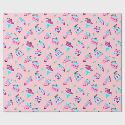 ヴィンテージかわいらしクリスマスオーナメントピンク ラッピングペーパー (フラット)