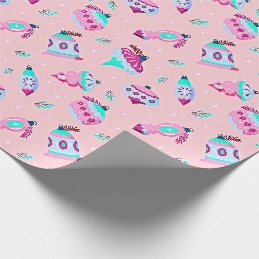 ヴィンテージかわいらしクリスマスオーナメントピンク ラッピングペーパー (角)