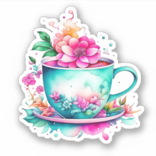 ヴィンテージかわいらしコーヒーカップとピンクの花 シール