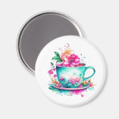ヴィンテージかわいらしコーヒーカップとピンクの花 マグネット (正面/裏面)