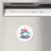 ヴィンテージかわいらしコーヒーカップとピンクの花 マグネット (インサイチュ (食洗機))