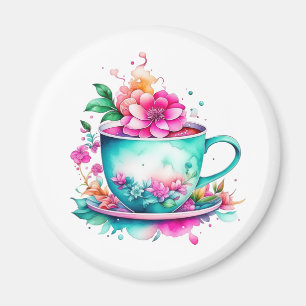 ヴィンテージかわいらしコーヒーカップとピンクの花 マグネット