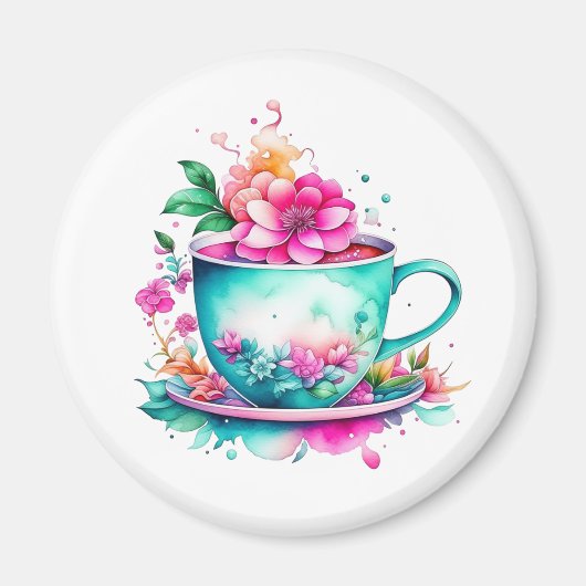 ヴィンテージかわいらしコーヒーカップとピンクの花 マグネット (正面)
