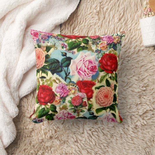 ヴィンテージかわいらしシックフローラバラガーデンコラージュ クッション (ブランケット)