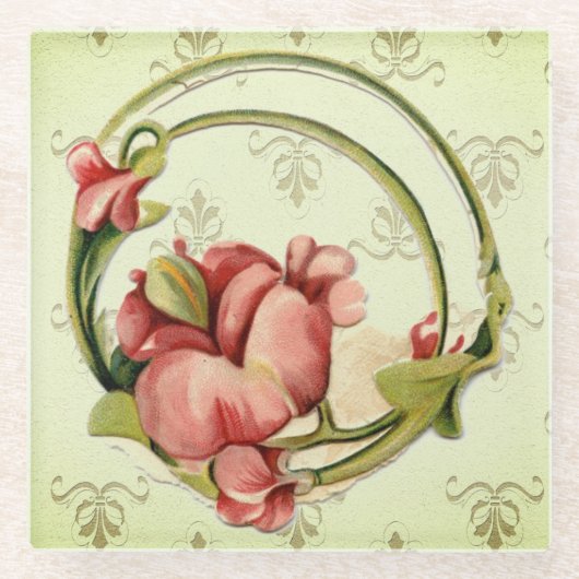 ヴィンテージかわいらしスタイルミントフローラサークルコースター ガラスコースター (正面)