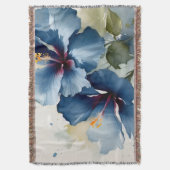 ヴィンテージかわいらしハイビスカス絵画の水色 スローブランケット (正面縦)
