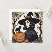 ヴィンテージかわいらしハロウィンの黒猫の魔女 カード (正面/裏面インサイチュ)