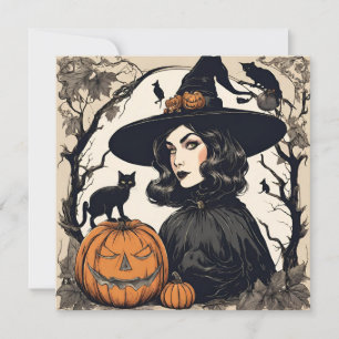 ヴィンテージかわいらしハロウィンの黒猫の魔女 カード