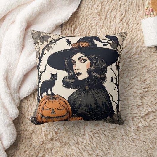 ヴィンテージかわいらしハロウィンの黒猫の魔女 クッション (ブランケット)