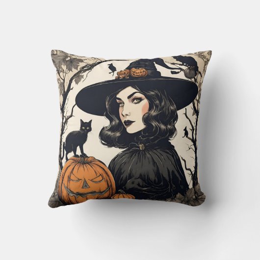ヴィンテージかわいらしハロウィンの黒猫の魔女 クッション (裏面)