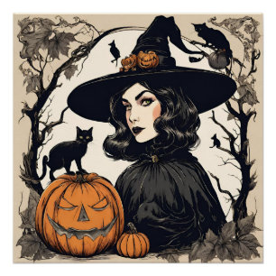 ヴィンテージかわいらしハロウィンの黒猫の魔女 ポスター