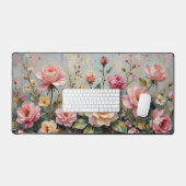 ヴィンテージかわいらしピンクとクリームガーデンバラフローラ デスクマット (キーボード&マウス)