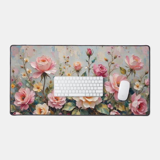 ヴィンテージかわいらしピンクとクリームガーデンバラフローラ デスクマット (キーボード&マウス)