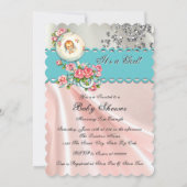 ヴィンテージかわいらしピンクとティール（緑がかった色）ブルーベビーシャワー 招待状 (裏面)