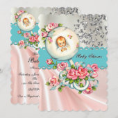 ヴィンテージかわいらしピンクとティール（緑がかった色）ブルーベビーシャワー 招待状 (正面/裏面)