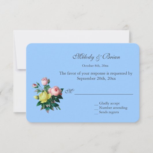 ヴィンテージかわいらしピンクと黄色のバラの花RSVP 出欠カード (正面)