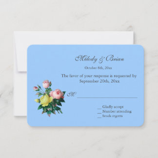 ヴィンテージかわいらしピンクと黄色のバラの花RSVP 出欠カード