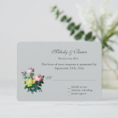 ヴィンテージかわいらしピンクと黄色のバラの花RSVP 出欠カード (スタンド正面)