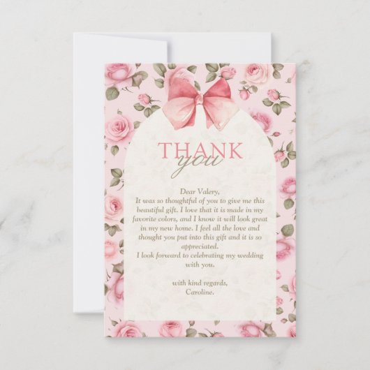 ヴィンテージかわいらしピンクの花ブライダルシャワー サンキューカード (正面)