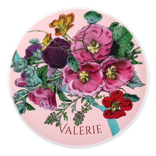 ヴィンテージかわいらしピンクホリホックス セラミックノブ (正面)