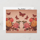 ヴィンテージかわいらしピンクローズと蝶コラージュ ポストカード (正面/裏面)